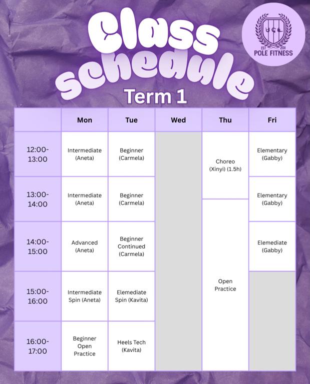 Pole Fitness Class Schedule